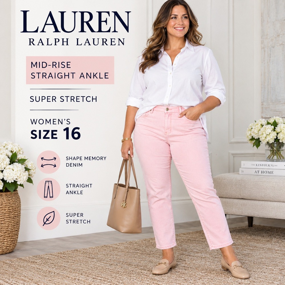 Lauren Ralph Lauren Straight Ankle Jeans Women 16 Pale Pink Mid Rise Stretch NWT